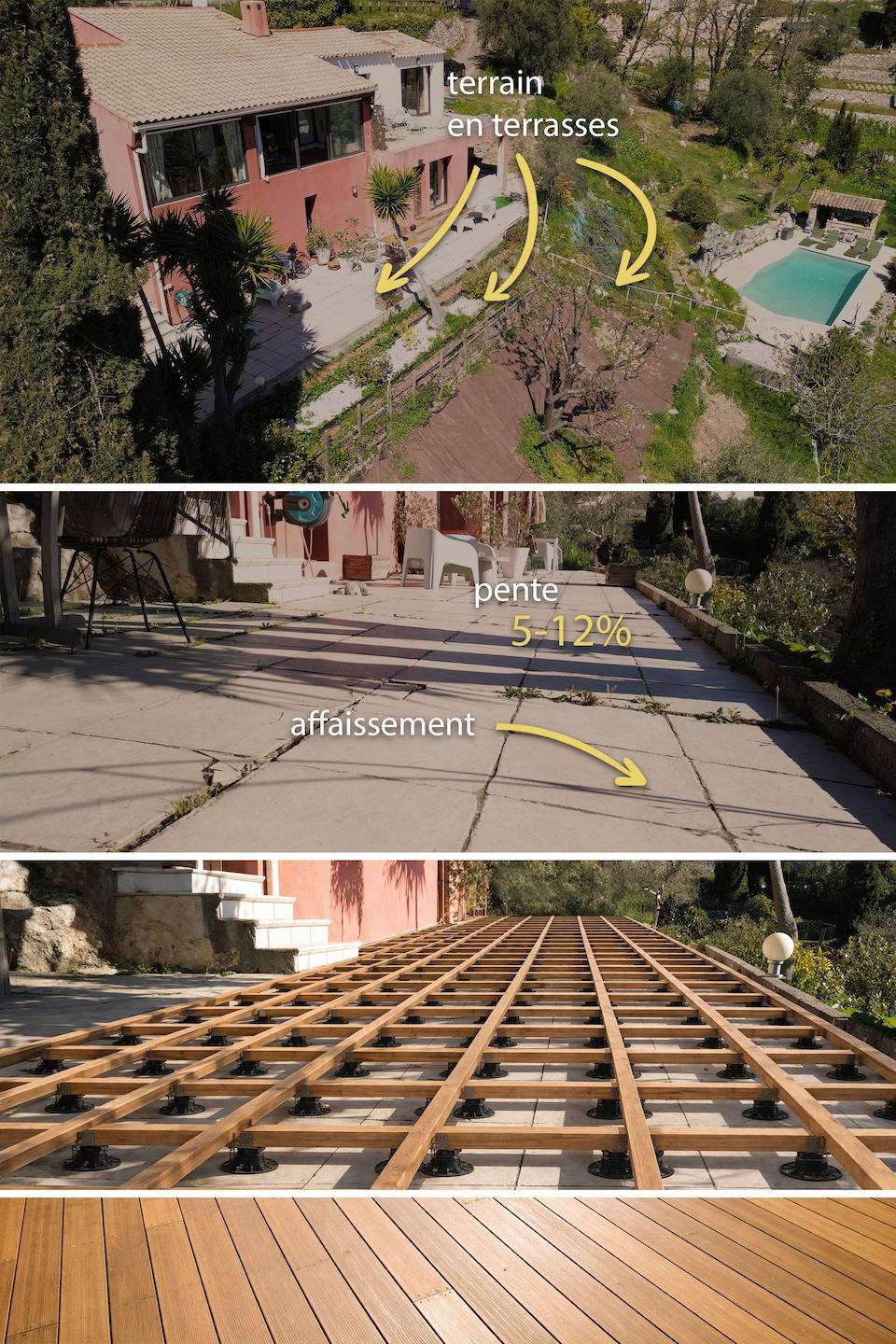 Structure de terrasse bois sur plots en cours de conception, montrant la transformation d’une ancienne terrasse carrelée en un espace extérieur durable, esthétique et bien pensé.